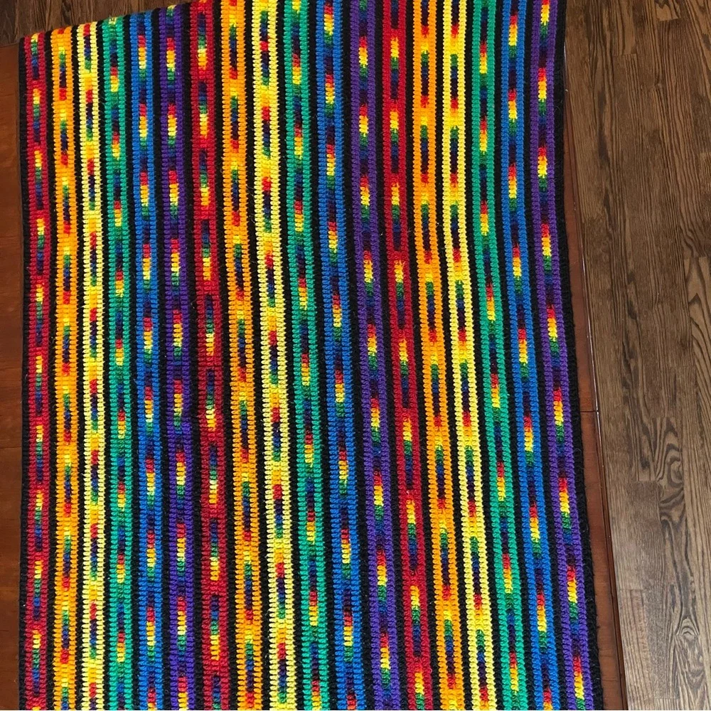 Handmade Crochet Afghan Throw Blanket Rainbow Striped Fringe Boho Retro